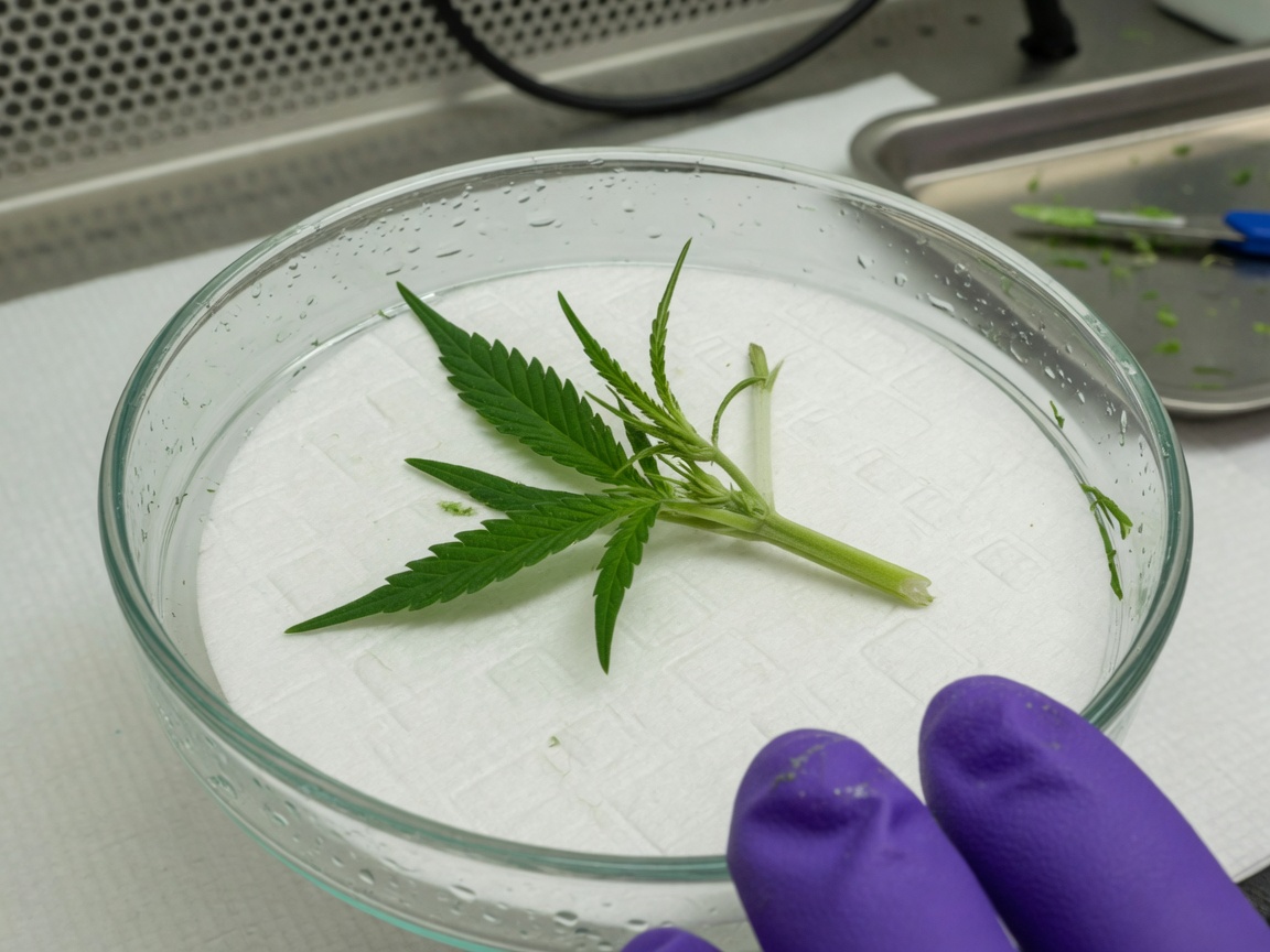 Cannabis stem piece with one bud on sterilized paper