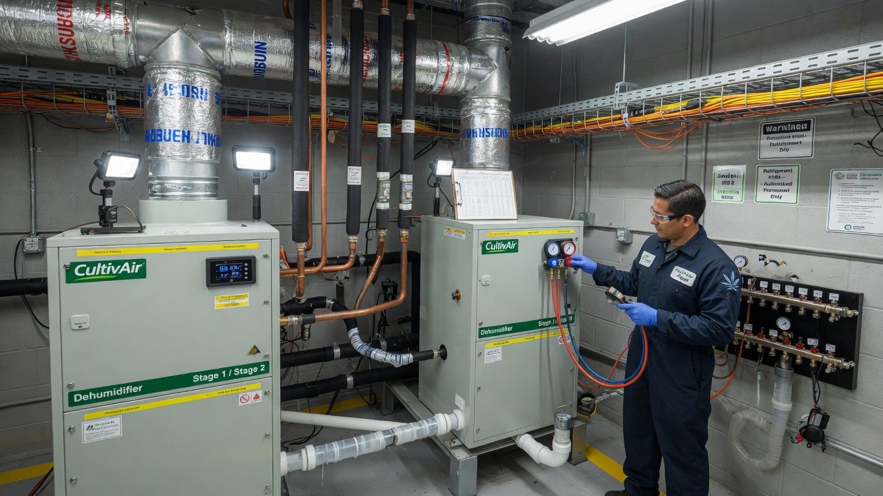Equipment room with two HVAC dehumidification units in stages, and condensate drain lines