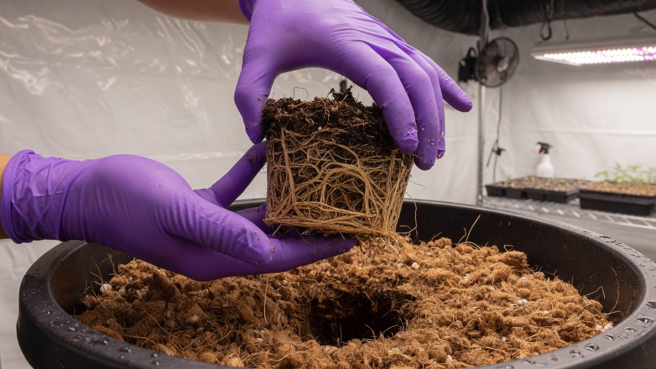 Hands in gloves put a cannabis root ball in a larger container of coco