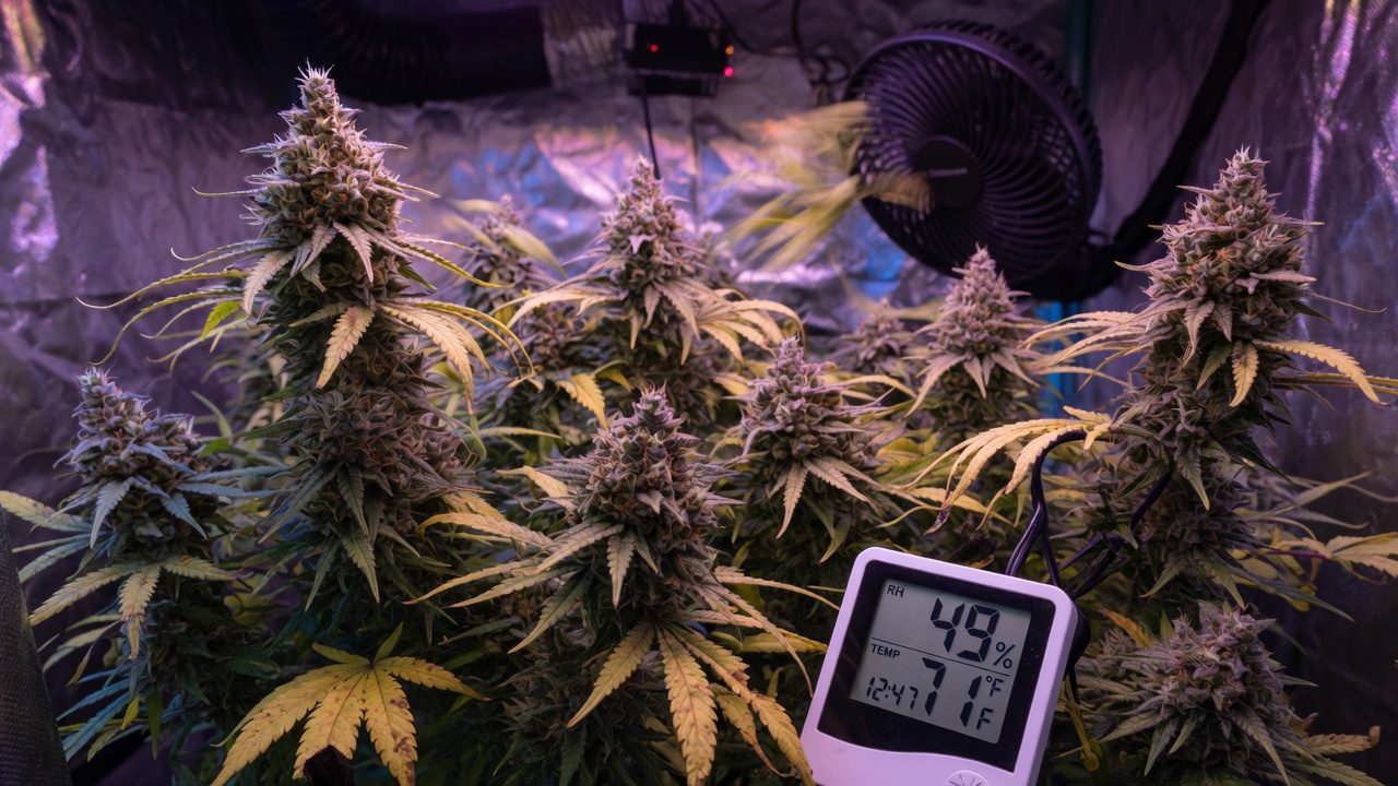 Room with cannabis in ripening, with leaves in the fade and a hygrometer for the control of humidity