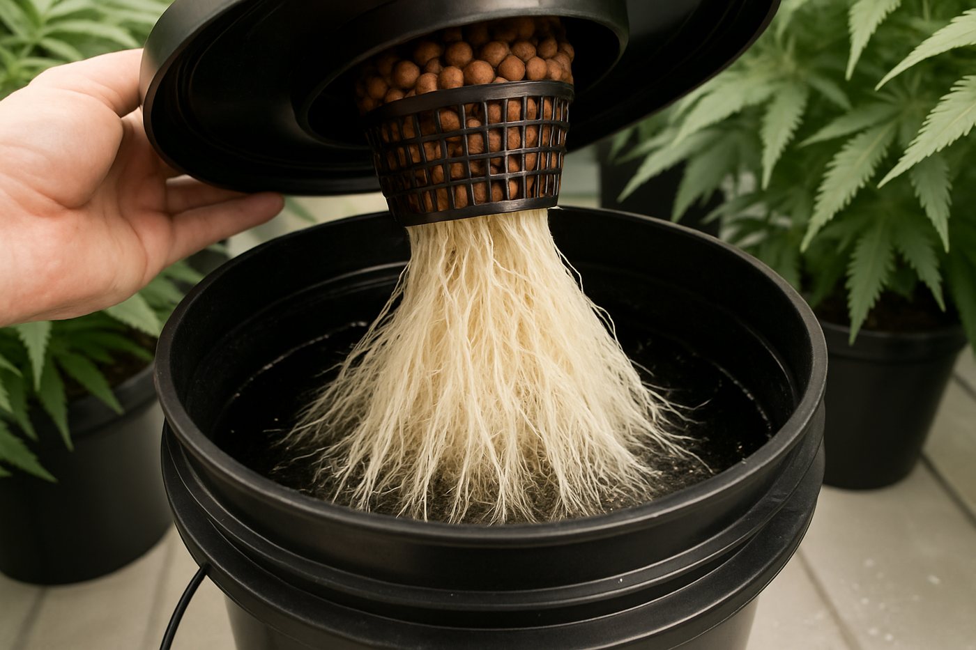 The photo shows the same system. The net pot is in the lid. Expanded clay holds the crown above the water. The roots hang free in the solution. There is no substrate between the feed and the root.