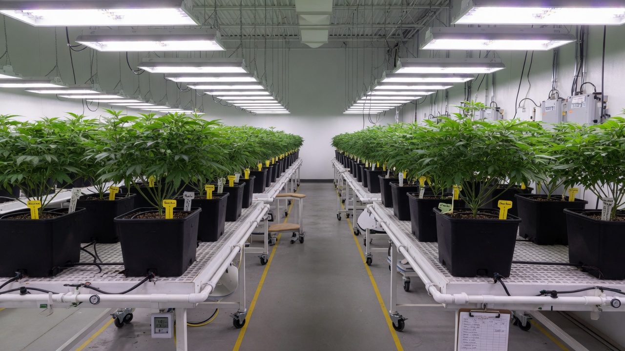 Indoor cannabis mother room with rows of stock plants with flat tops on benches that you can move