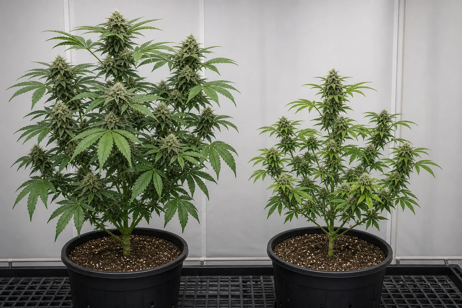 AI photo as an example: a cannabis plant in good condition, and a plant with symptoms that can be HLVd or other problems