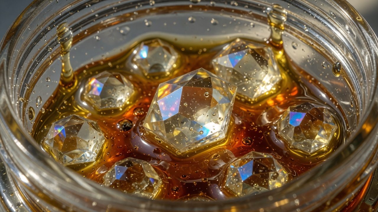 THCa diamond crystals in sauce with a gold color
