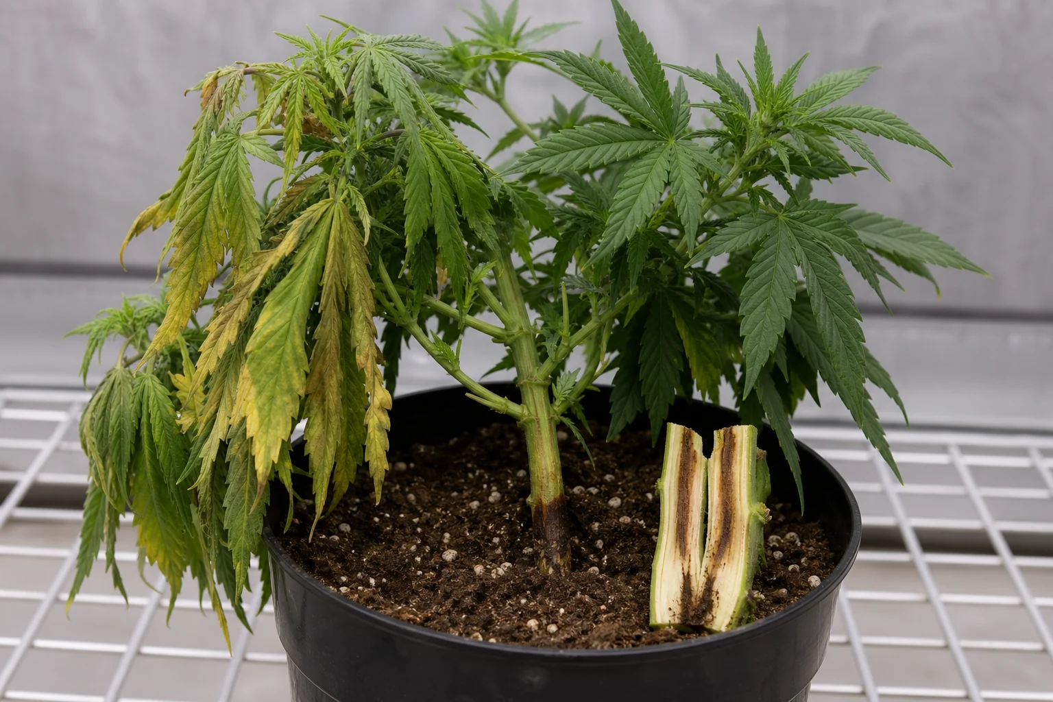 AI photo as an example: wilt with signs of Fusarium, and brown xylem, in cannabis