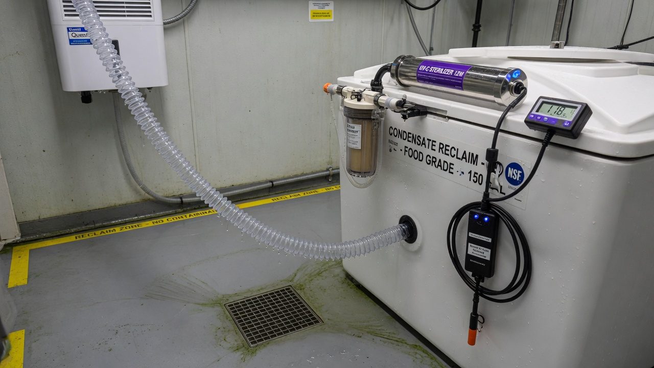 Condensate line of a dehumidifier to a tank for collection, through a filter and a UV sterilizer