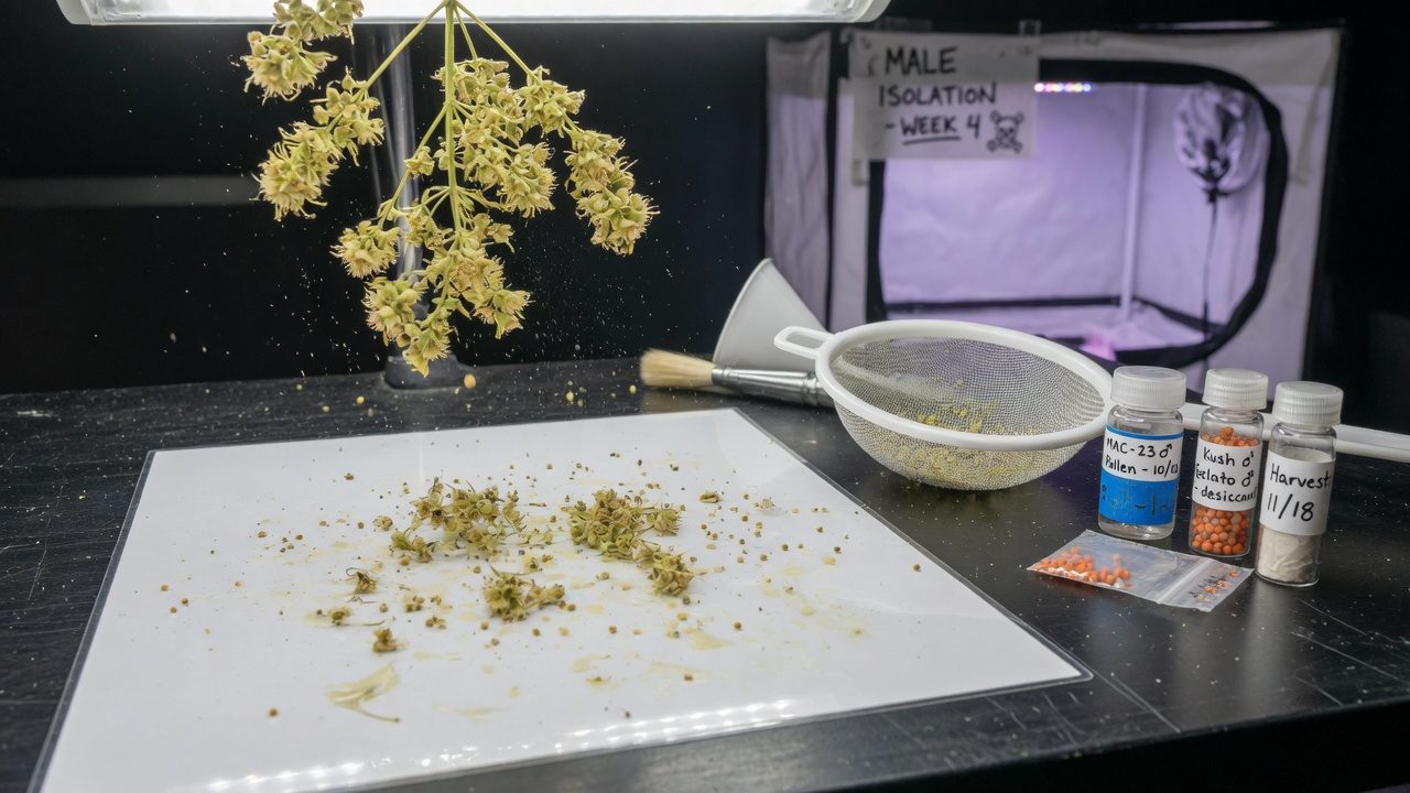 Cannabis pollen on paper near a sieve and vials with labels