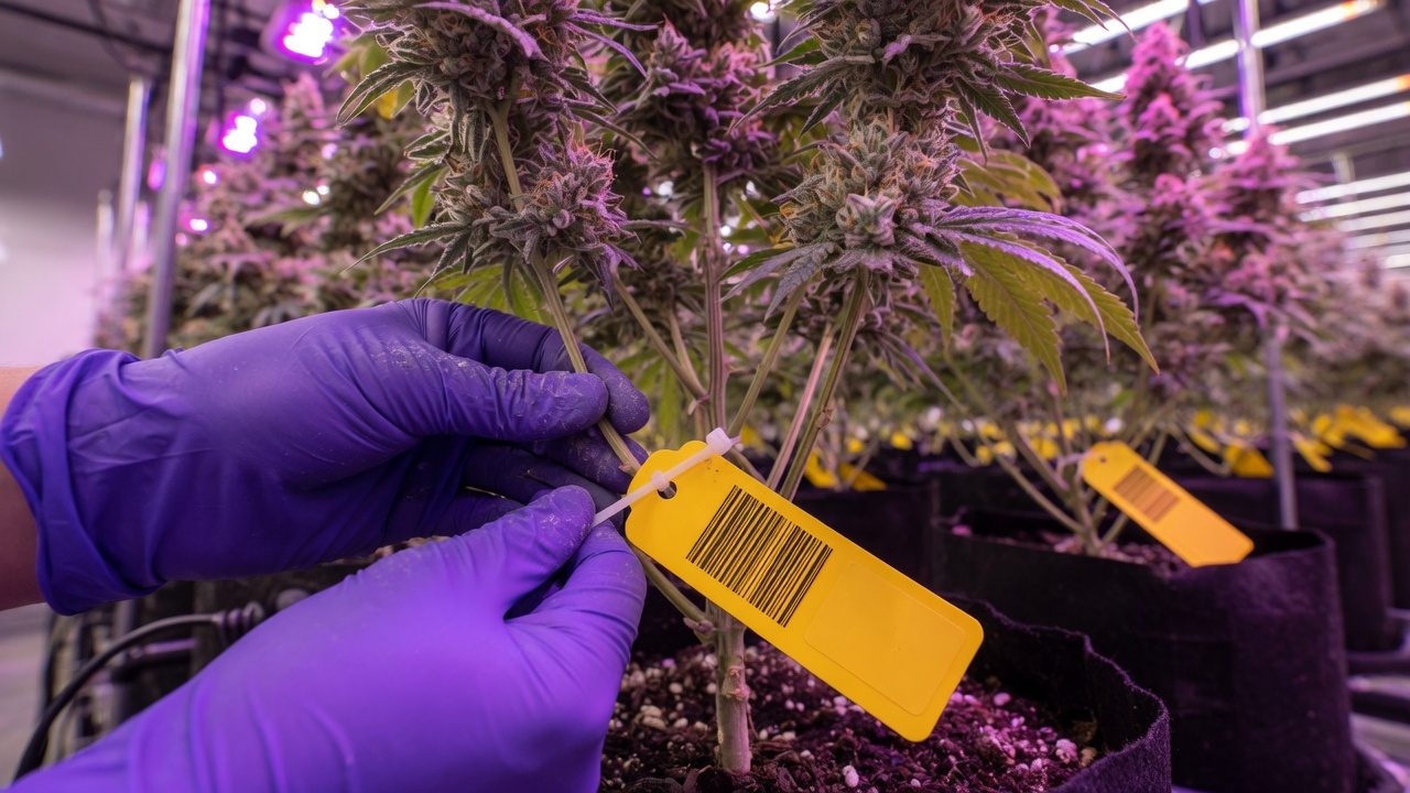 Hands in gloves that attach a barcode tag to the stem of a cannabis plant