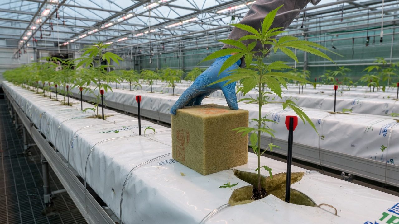 A person puts a rockwool block with a young plant on a slab with plastic film in a greenhouse