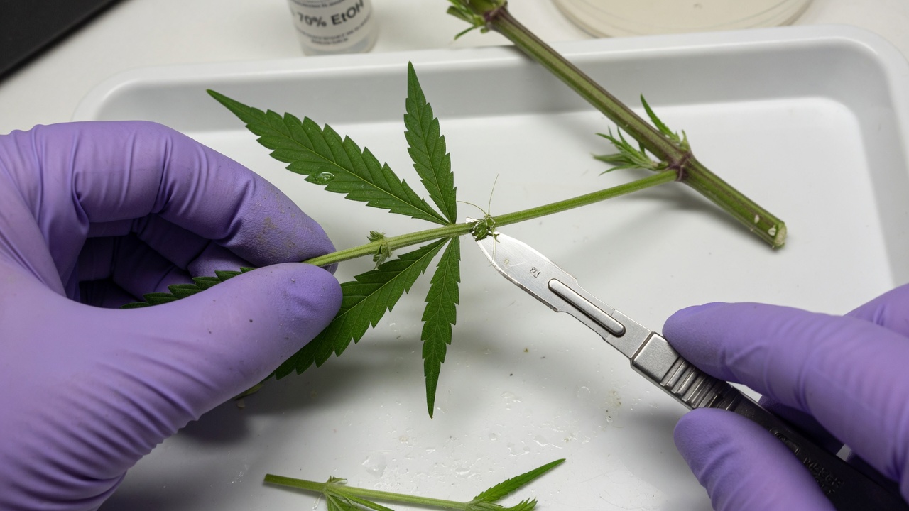 A person cuts a nodal segment of cannabis with a scalpel