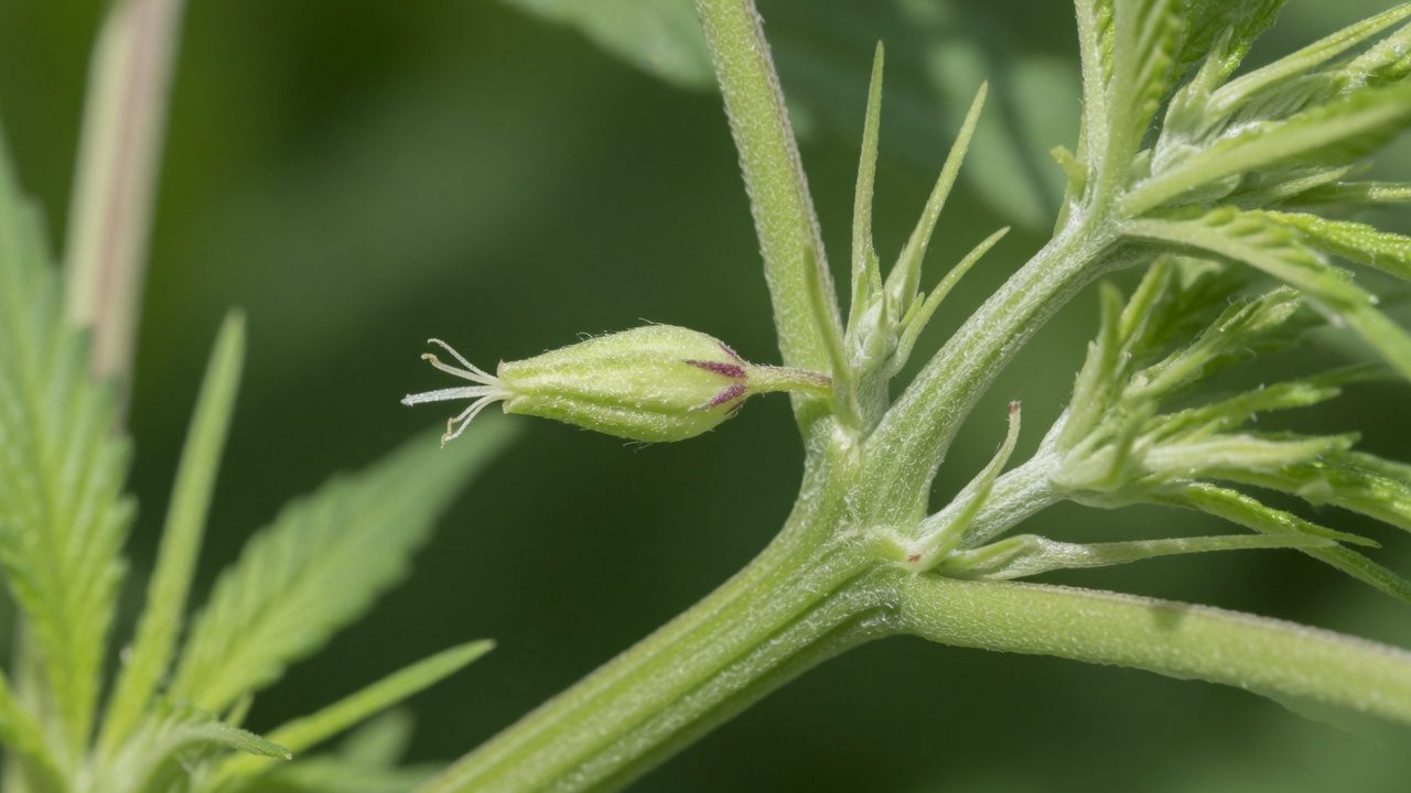 Female cannabis pre-flower with white stigmas at a node of the stem
