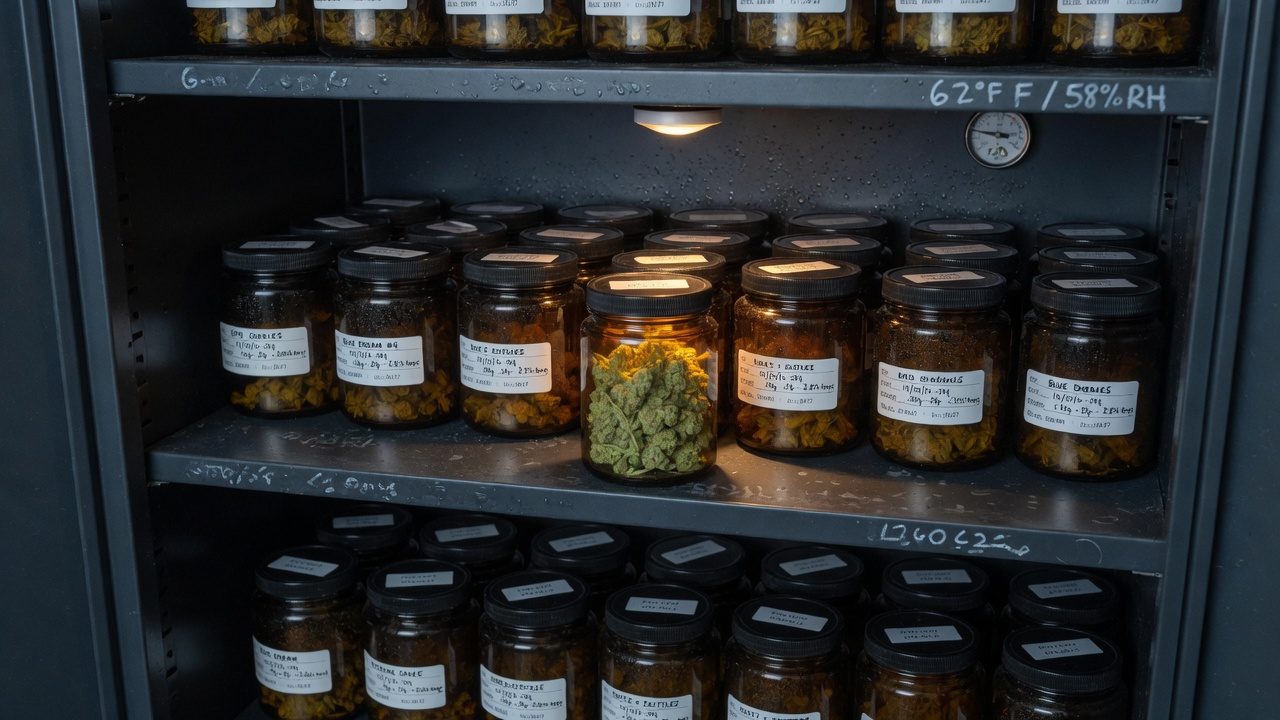 Amber jars of cannabis flower in a dark cabinet