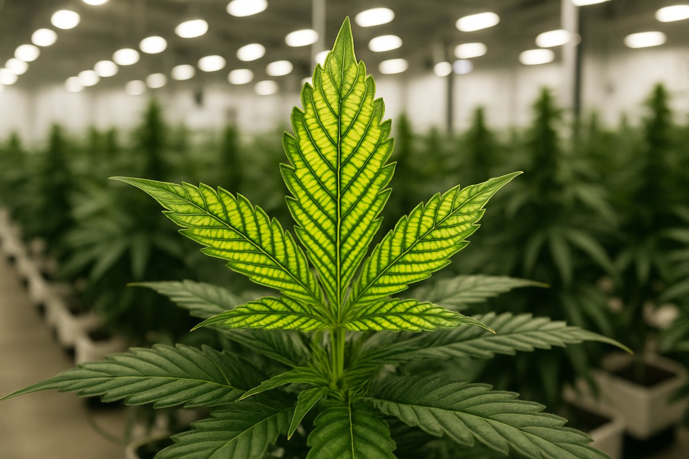 Interveinal chlorosis on new growth. The blade is pale, the veins are dark green, and the leaves at the bottom of the plant have no symptoms. The symptom shows that the problem is iron. The symptom does not show if the cause is the pH or the aeration, and the corrections for these two causes are opposite.